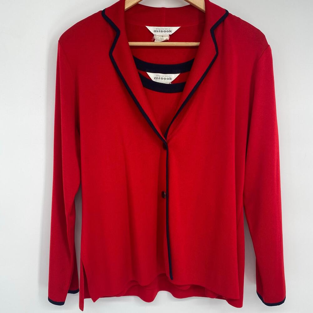 Misook Womans Cardigan Sweater Set Classic Mature Black & Red Large Quiet Luxury